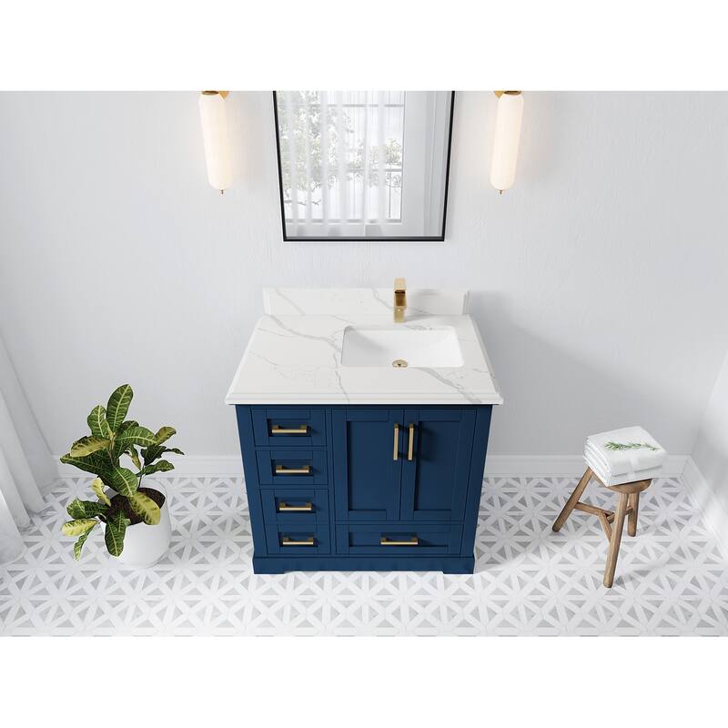 Willow Collections 36 x 22 Boston Right Offset Sink Bathroom Vanity with Quartz or Marble Countertop - 1.5"Calacatta - Navy Blue