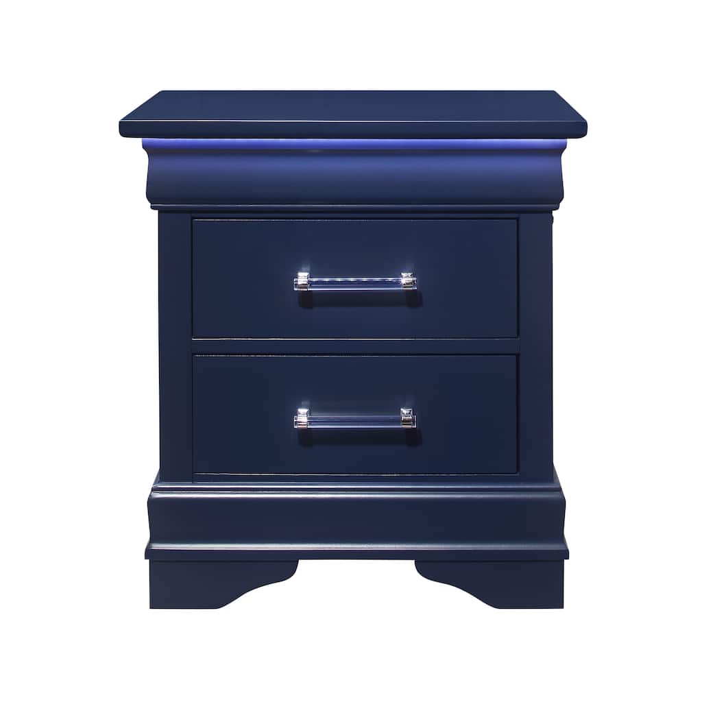 Blue LED Nightstand with 2 Spacious Drawers, Transitional Style