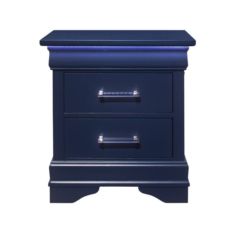 Blue LED Nightstand with 2 Spacious Drawers, Transitional Style - Blue