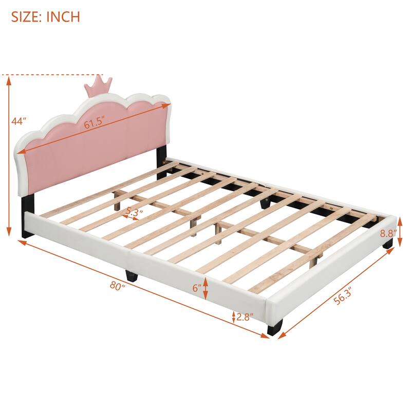 Twin Upholstered Platform Bed with Crown-Shaped Headboard, Pink & White Princess Design, Sturdy PU Leather Frame
