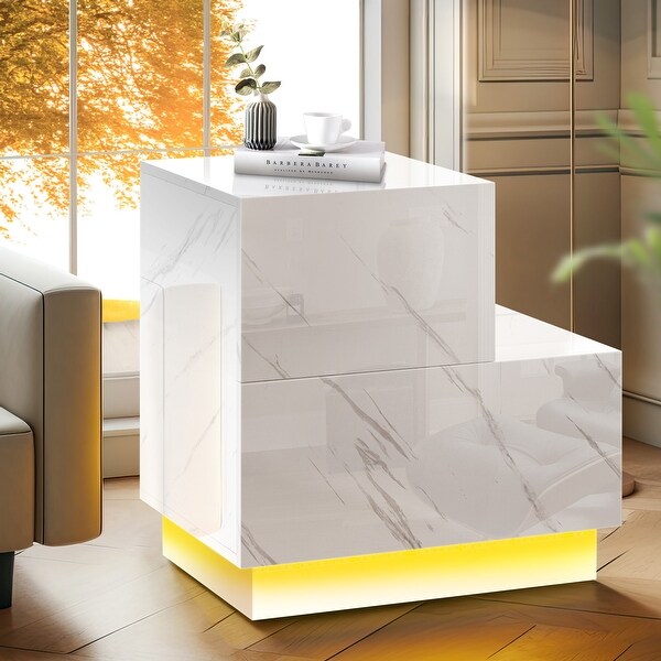 Moasis Marble White LED Nightstand, L-Shaped Bedside Table with 2