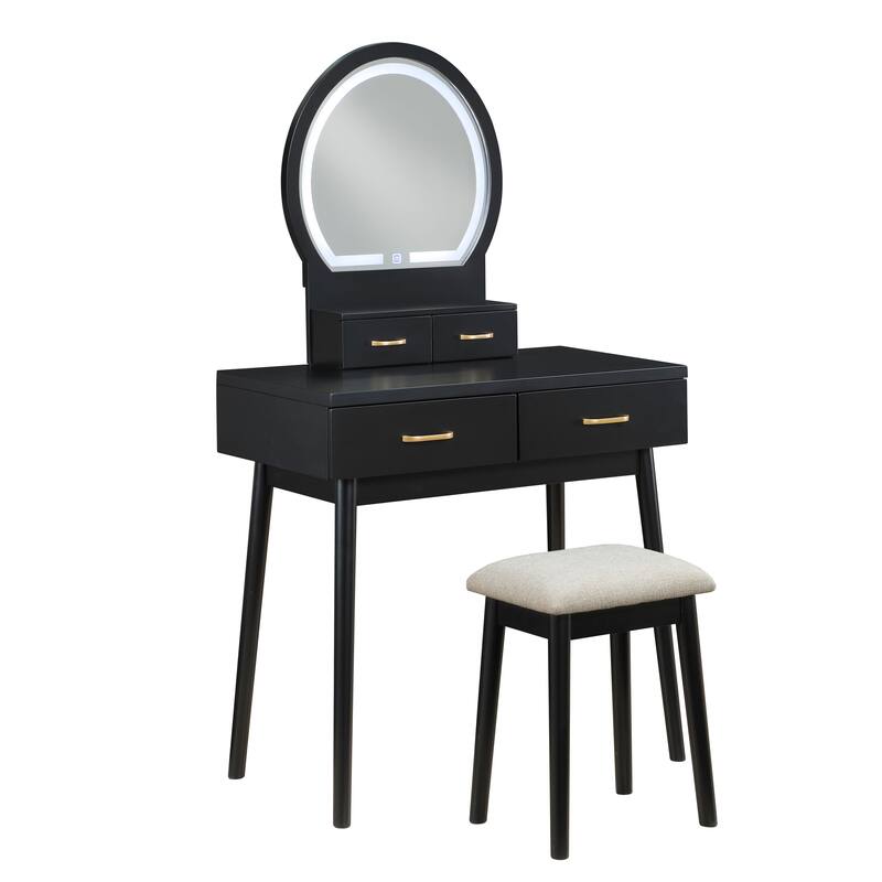 Beautiful Black Finish Vanity Dresser with Mirror and Stool