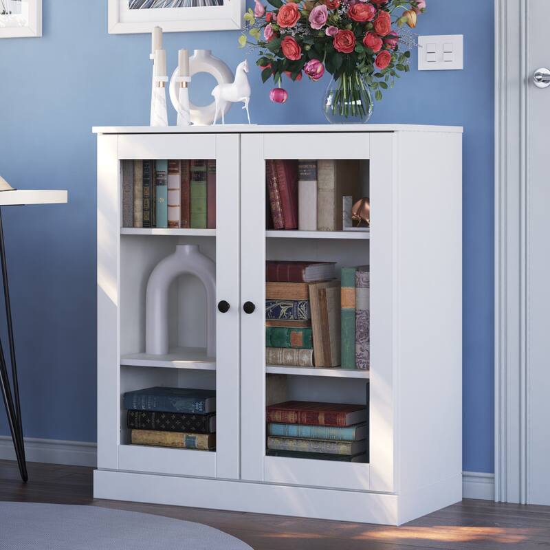 100% Solid Wood 3-shelf Bookcase with Optional Doors by Palace Imports - Clear Glass Doors - White