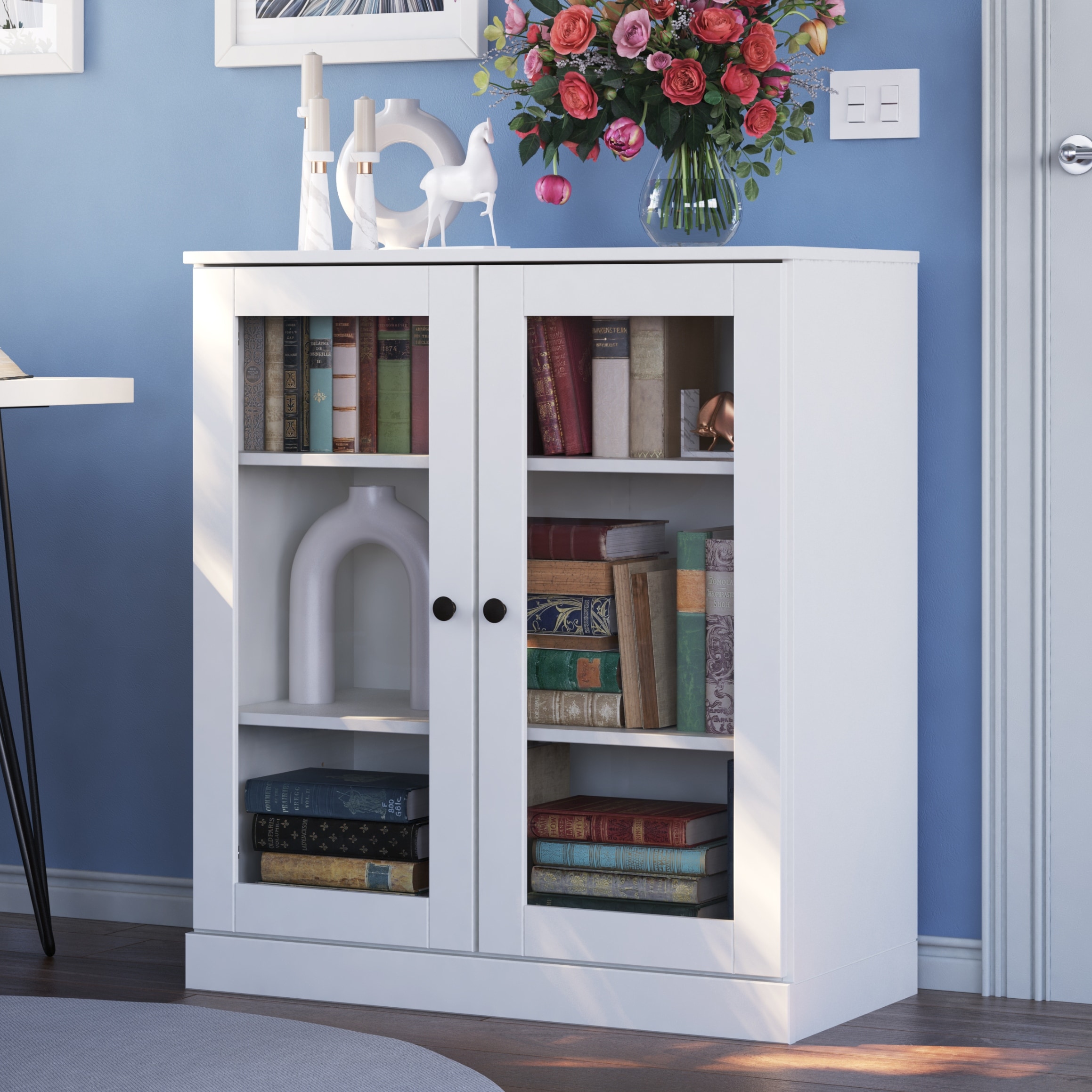 Palace Imports 100% Solid Wood Short Clear Glass 3-Shelf Bookcase, 32" W x 35.75" H