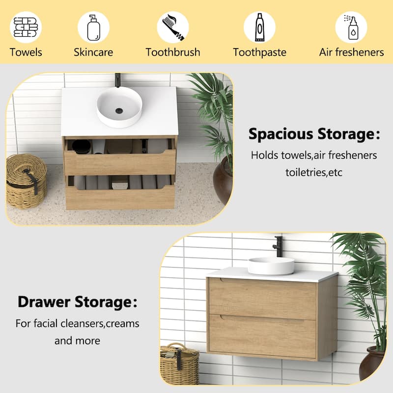 36" Solid Wood Bathroom Vanity with White Quartz Countertop Ceramic Square Sink