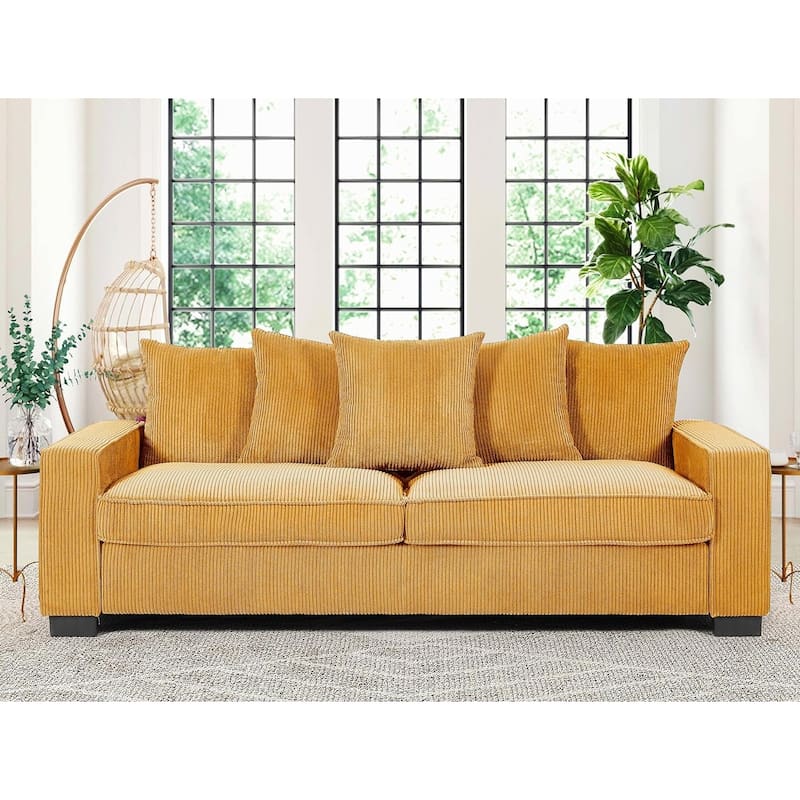 Luxe Living Room Sofa with 5 Complementary Toss Pillows Soft Corduroy Upholstery Streamlined Large - Ginger