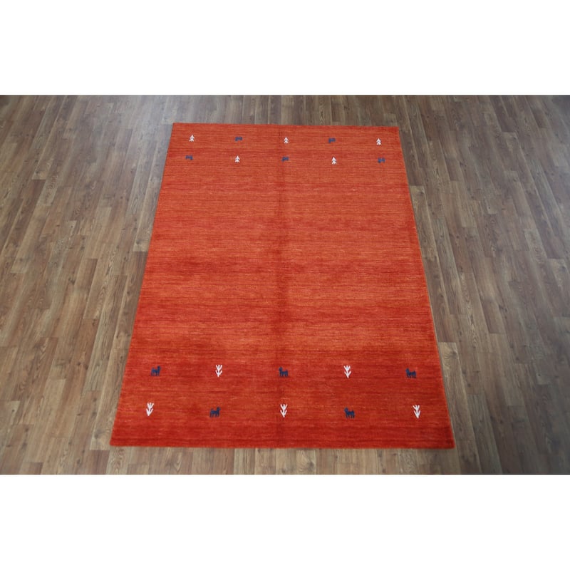 Orange Tribal Gabbeh Indian Rug Hand-Knotted Wool Carpet - 4'7" x 6'6"