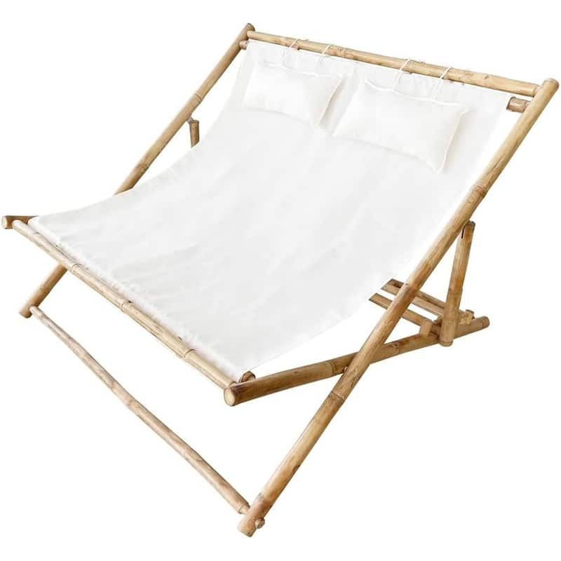 Natural Bamboo Folding Double Sling Chair with Cushions for 2 Persons