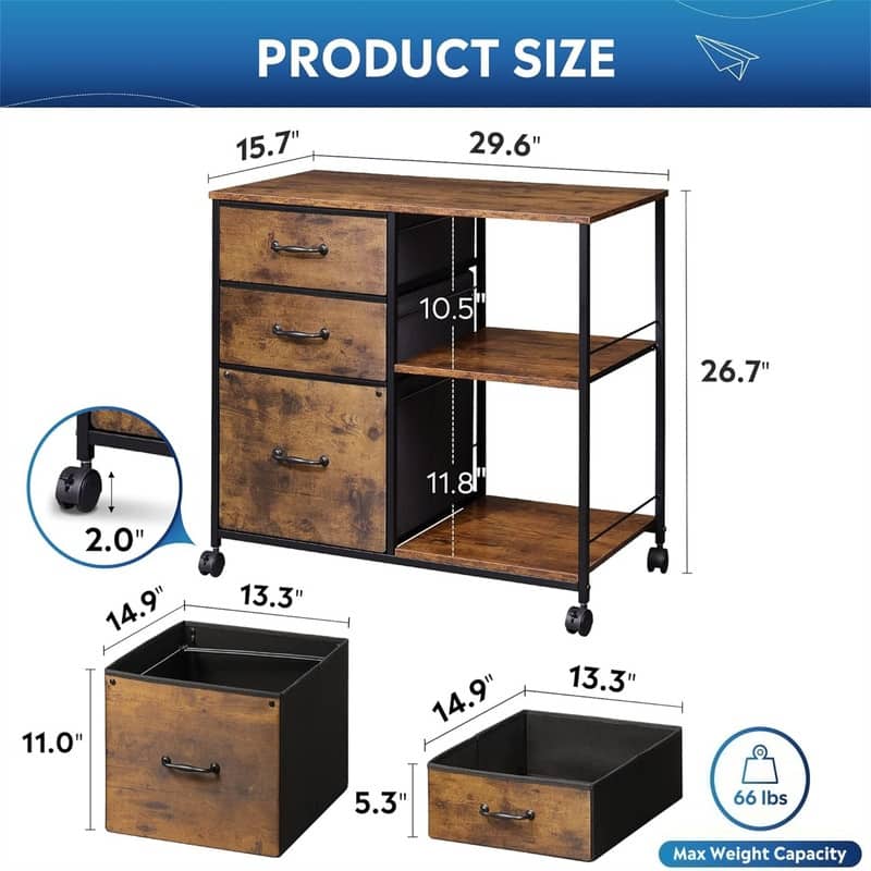 3 Drawer Mobile File Cabinet - 15.75"D x 29.53"W x 26.77"H
