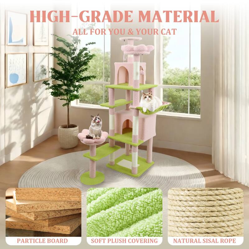 71 inch flower cat tree with large condo removable flower cushion and hammock pink