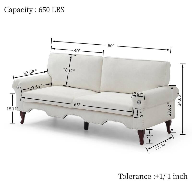 80-Inch Modern Linen 3 seat Sofa with Wooden Legs & Crystal button and Copper Nail, Tufted Backrest, for Living Room