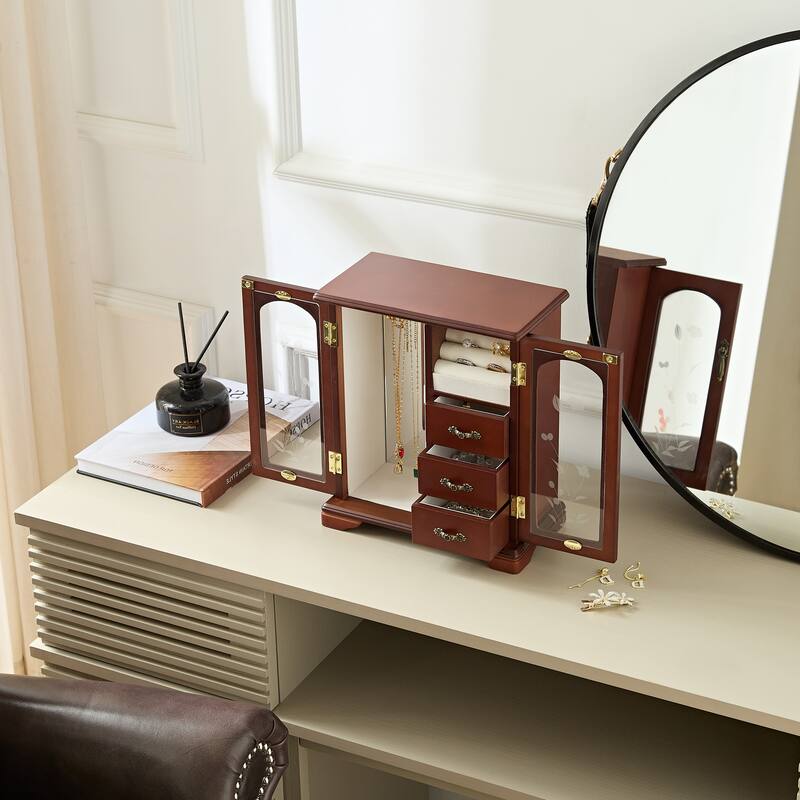 Stufurhome Solid Wooden Jewelry Box with 3-Drawers Built-in Necklace Carousel and Mirror White