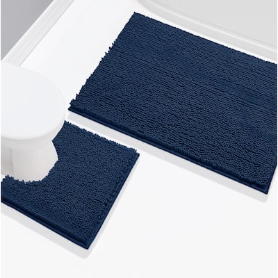 2 Piece Set Navy Blue Soft Cozy Plush Chenille Bath Mat Bathroom Rug