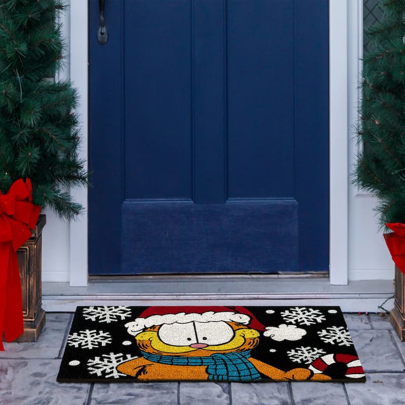 Licensed Paramount Garfield Santa Hat and Snowflakes Coir Door Mats, 2PK