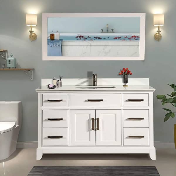 slide 1 of 36, Vanity Art 60" Single Sink Bathroom Vanity Set Super White Phoenix Stone Top Soft-Closing Doors Undermount Sink with Free Mirror