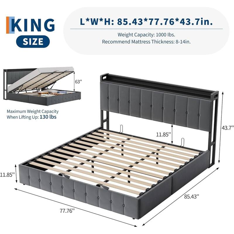 Bed Frame with Lift Up Storage and Storage Headboard