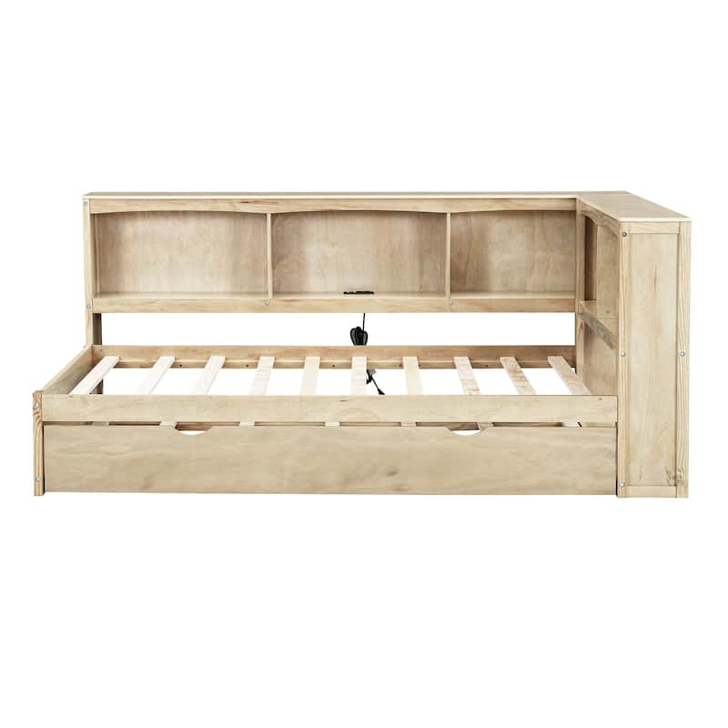 Twin Size Daybed with Trundle, Storage Cabinets, USB Ports, Wood Color