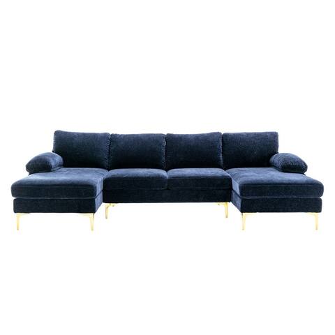U-shape Sleeper Sofa Living Room Furniture Chenille Fabric Sectional Sofa with Pillow Top Arms Chaise and Iron Feet Support