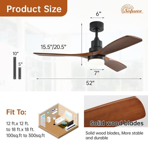 dimension image slide 25 of 29, Sofucor 42"/48"/ 52"/60"Noiseless Walnut Wood Ceiling Fan with Remote Control, Integrated Light Optional