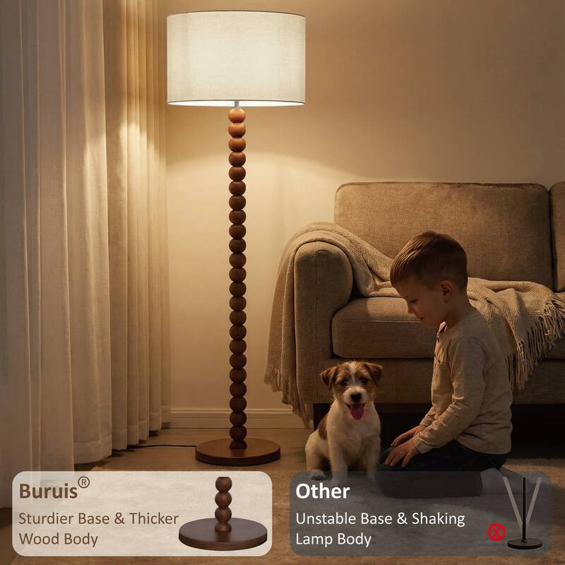 61" Wooden Beaded Floor Lamp, Retro Walnut Finish Standing Lamp with Linen Shade, Rubberwood Base for Living Room, Bedroom