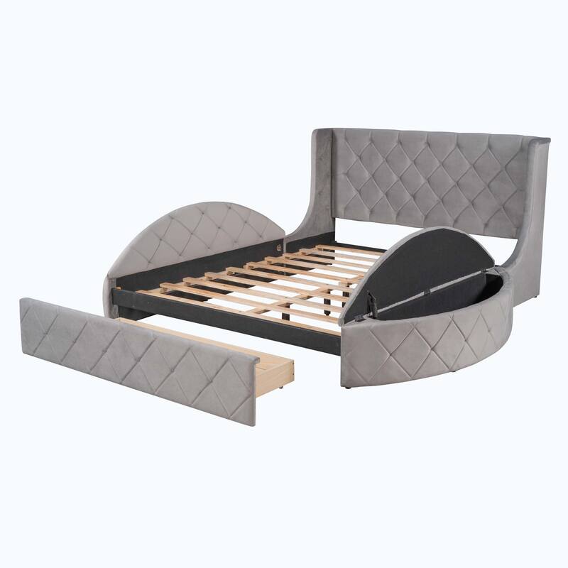 Queen Size Upholstered Platform Bed with Wingback Headboard and 1 Big Drawer,2 Side Storage Stool