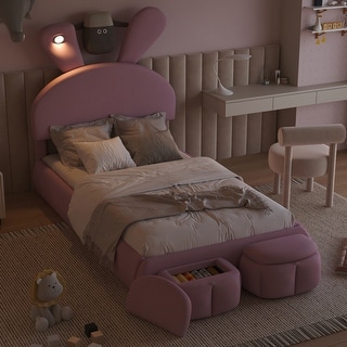 Wooden Twin Size Upholstered Platform Bed Frame with Cartoon Ears Shaped Headboard, Kid's Bed with Light, Pink