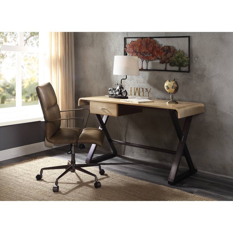 Modern Rectangular Writing Desk with Gold Aluminum Surface and Leather-Wrapped Legs for Stylish Office or Study Workspace - Gold