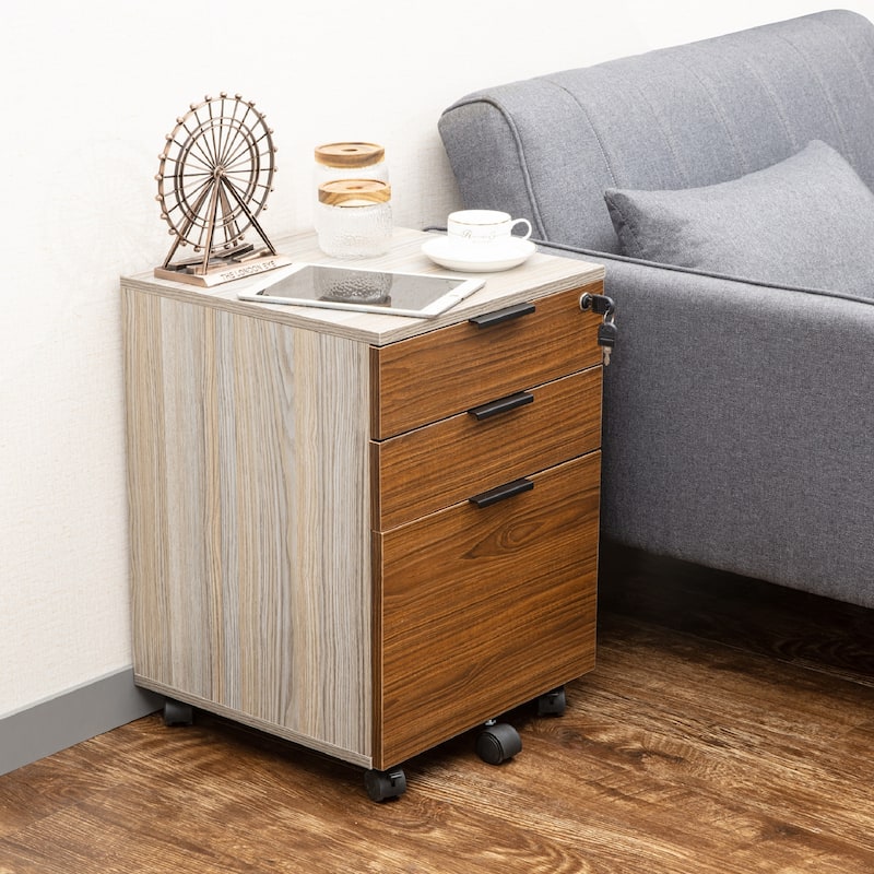 JJS 3 Drawer Rolling File Cabinet Wooden Storage with Lock & Wheels