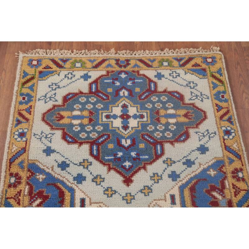 Geometric Kazak Accent Rug Handmade Oriental Blue Wool Carpet - 2'7"x 5'10"