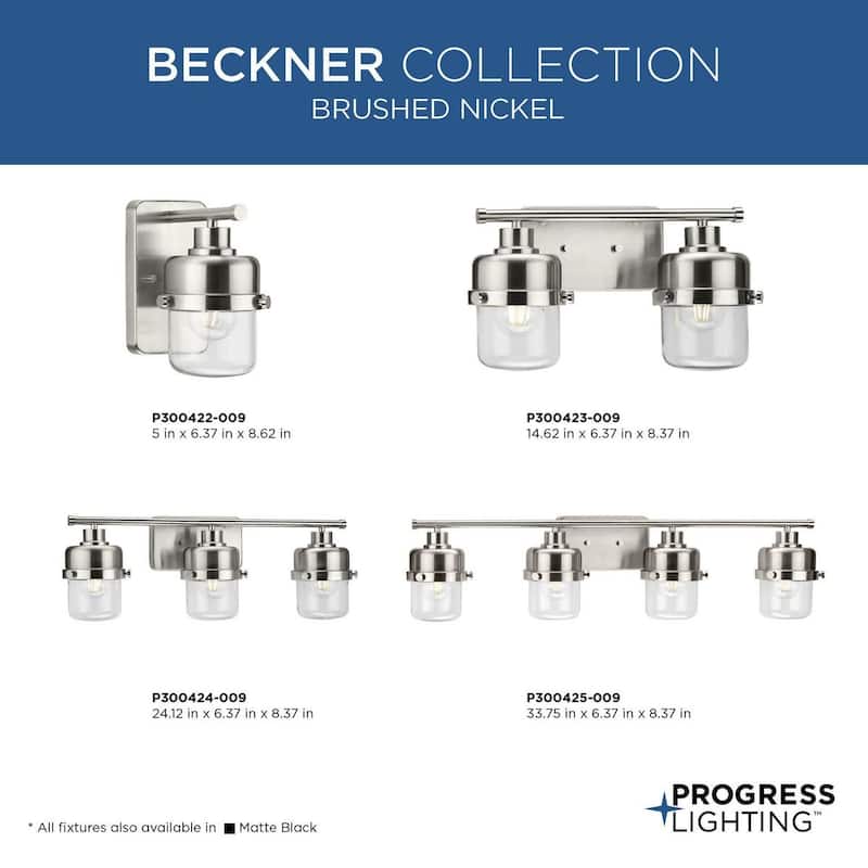 Beckner Collection Two-Light Brushed Nickel Clear Glass Urban Industrial Bath Light - 14.62 in x 6.37 in x 8.37 in