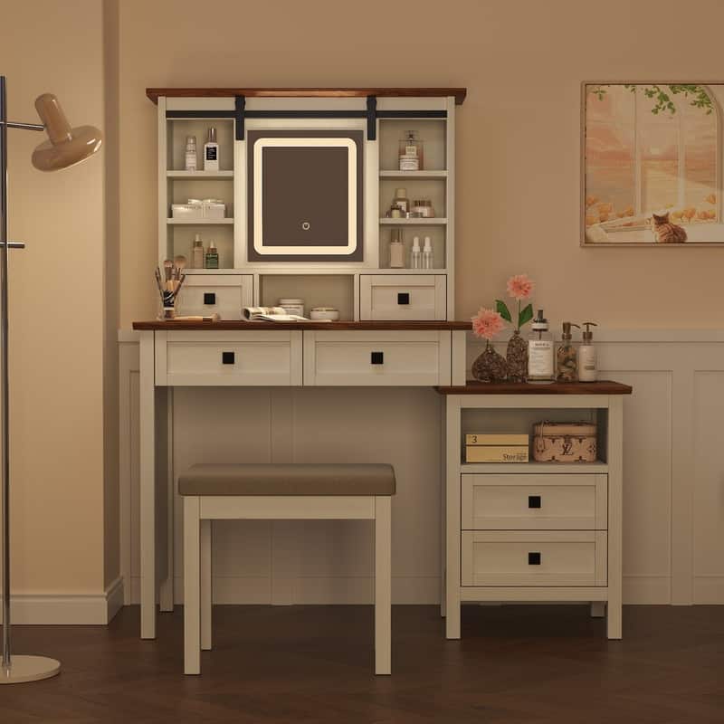 46.5'' Farmhouse Makeup Vanity Desk with Adjustible LED Lighted Mirror and Charging Station, Stool for Bedroom