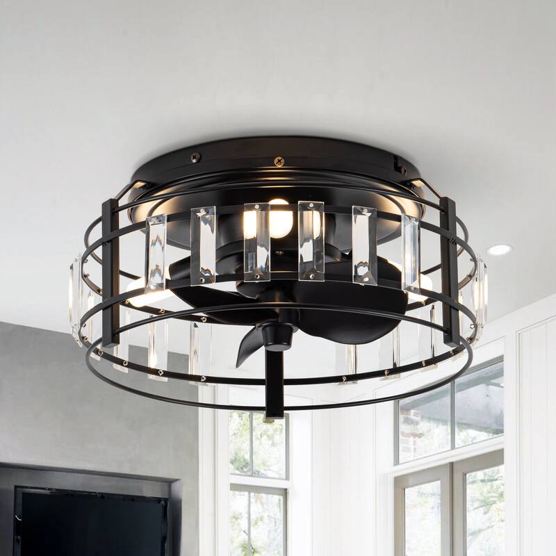 13-inch Matte Black Industrial Bladeless Fandelier Flush Mount Ceiling Fan with Remote