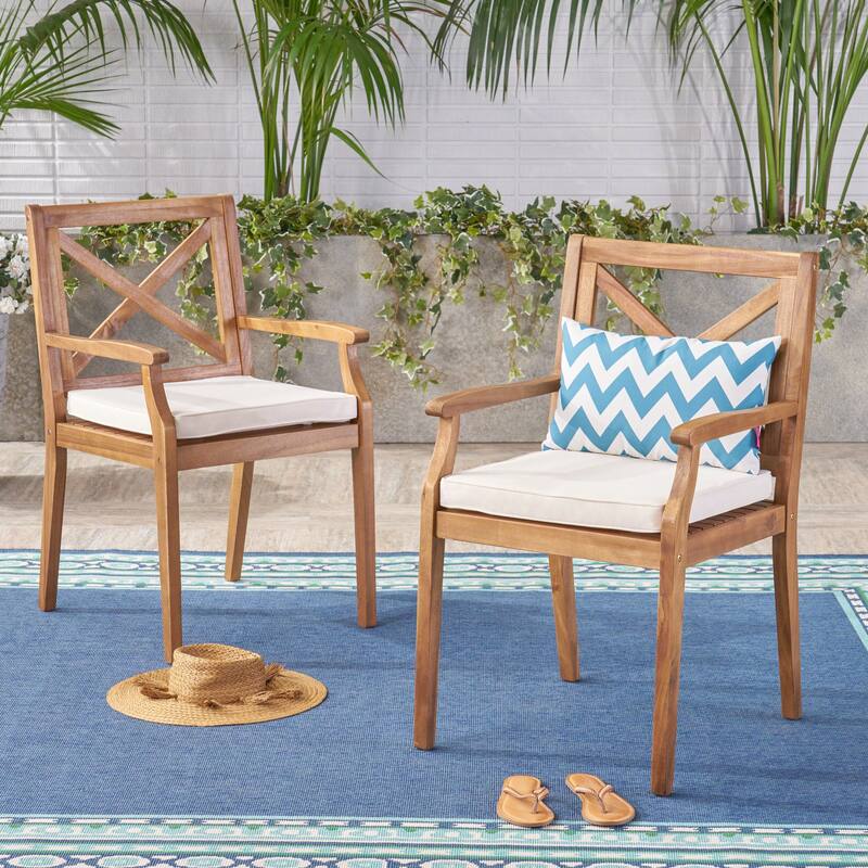 Perla Outdoor Acacia Wood Dining Chair (Set of 2) by Christopher Knight Home - teak+beige cushion