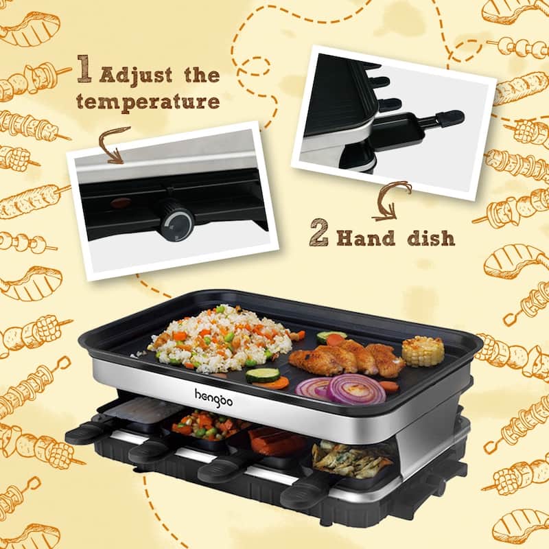 Anmytek 8 Person Raclette Grill Non Stick Grill Plate with 8 Mini Pans 1500W Adjustable Temperature