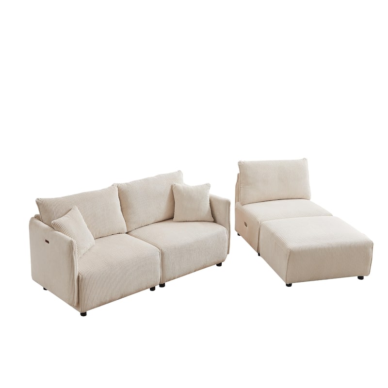 Beige 106'' Modular Corduroy 3 Seater Sectional Sofa with 2 Cushions, USB & C Charging Ports, Convertible Combo Couch