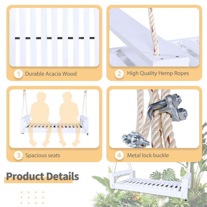 Twin Size Porch Swing Bed Seating Group, Patio Acacia Wood Swing Frame with Hemp Ropes for Garden, Backyard