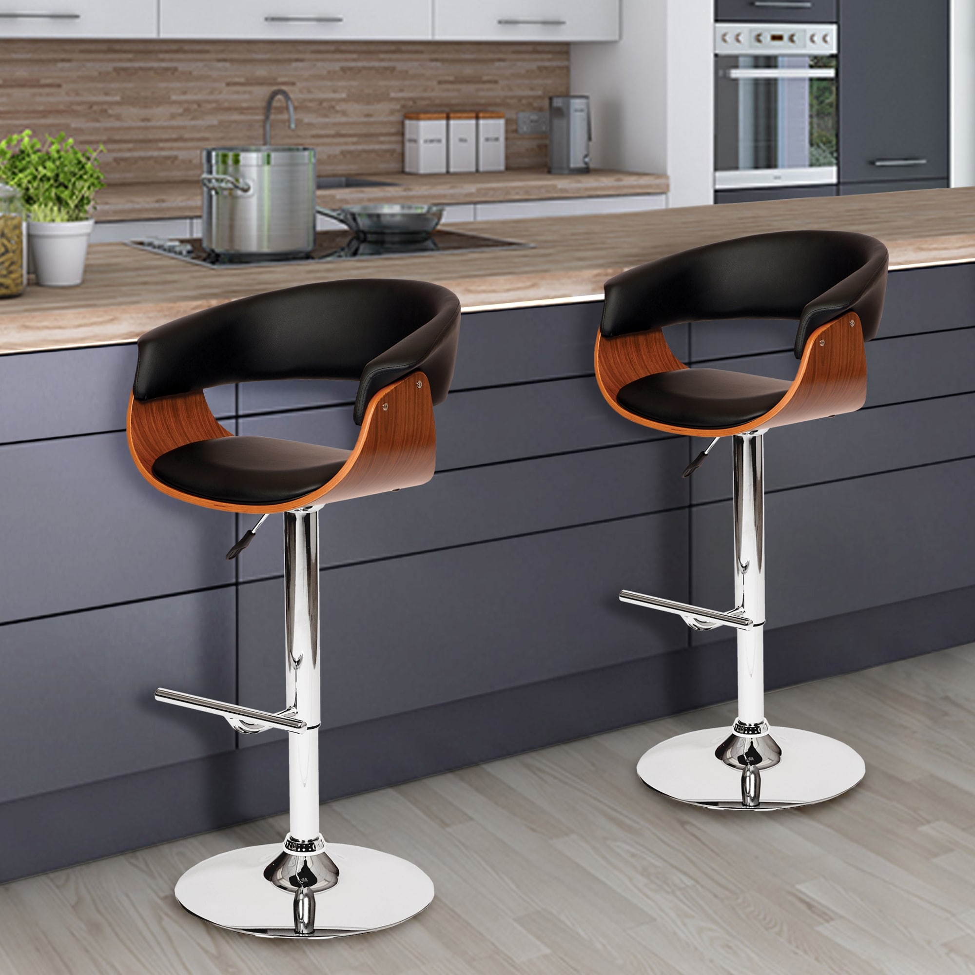 Paris Mid Century Modern Walnut Wood and Black Faux Leather Adjustable Swivel Barstool
