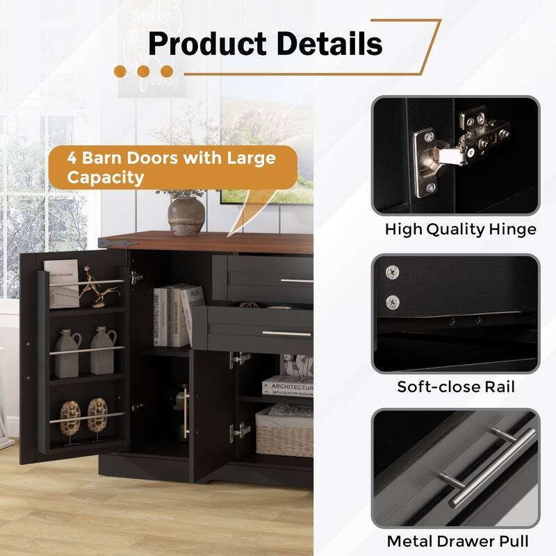 63"Barn Door Storage Cabinet with 2 Drawers & Door Rack, Large Buffet Table Coffee Bar Cabinets with Adjustable Shelves