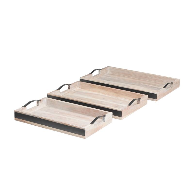 Mango Wood Tray with Sleek Black Metal Handles (Set of 3) - Brown or Cream