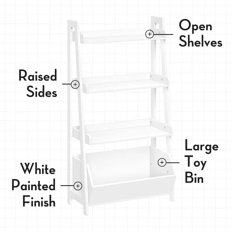RiverRidge Kids 4-Tier 24in Ladder Shelf Toy Organizer with 3 Open Display Shelves- White with Two 5" Fabric Bins