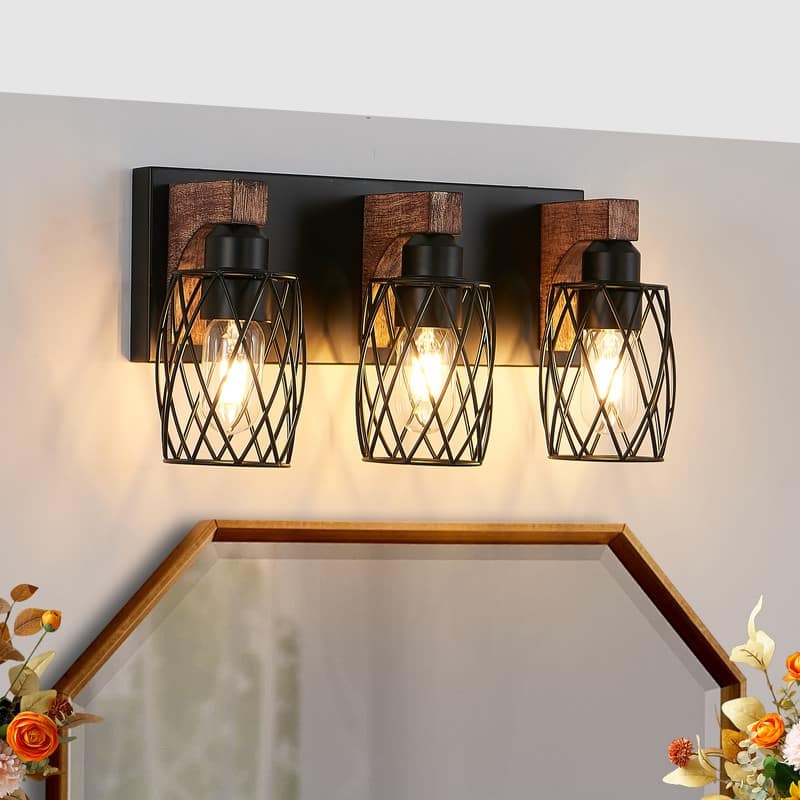 18" Industrial 3/5/7 Lights Wall Sconce, Black Caged Wall Lighting Fixture with Wooden Accents for Bathroom Hallway