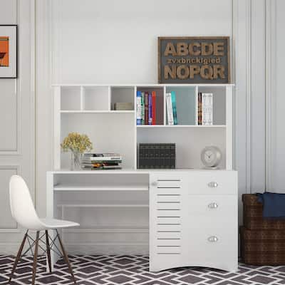 Functional Style Home Office Computer Desk with Three Drawers and Multiple Shelves, Antiqued White finish