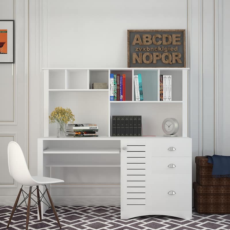 Home Office Computer Desk Student Desks with Bookshelf Hutch - White