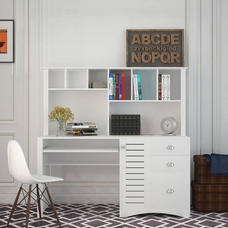 Roomfitters Home Office Computer Desk with Hutch, Spacious Workstation with Drawers and Cabinet Storage, Antiqued White