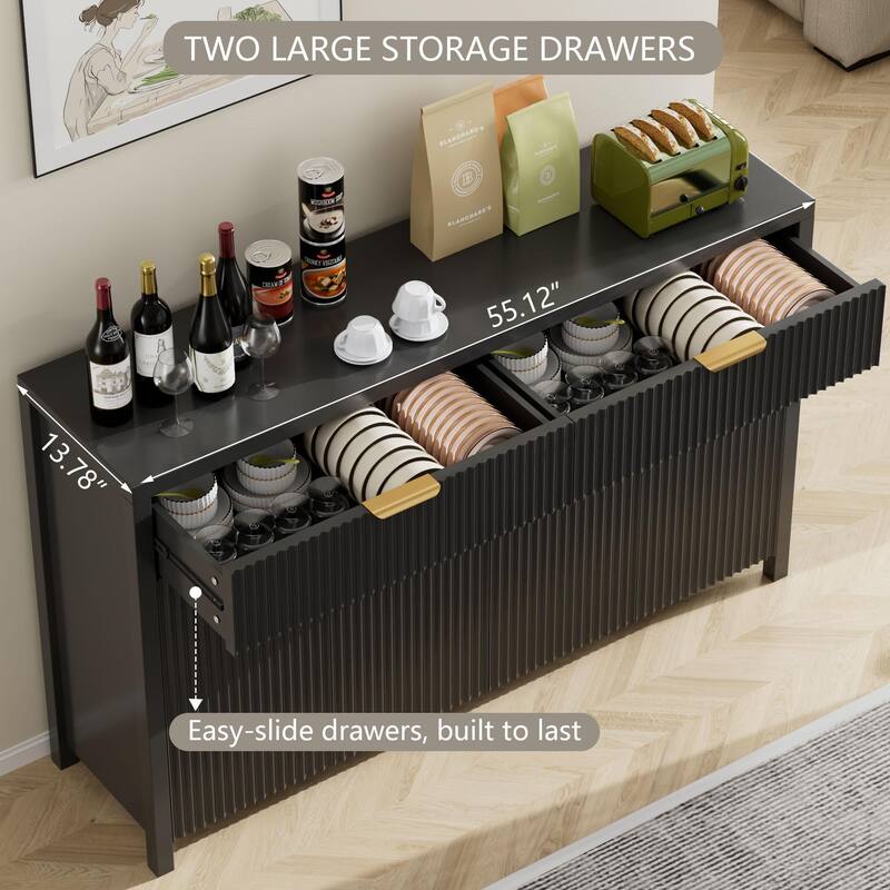 55"Fluted Sideboard Buffet Cabinet with Storage Drawers and Adjustable Shelves