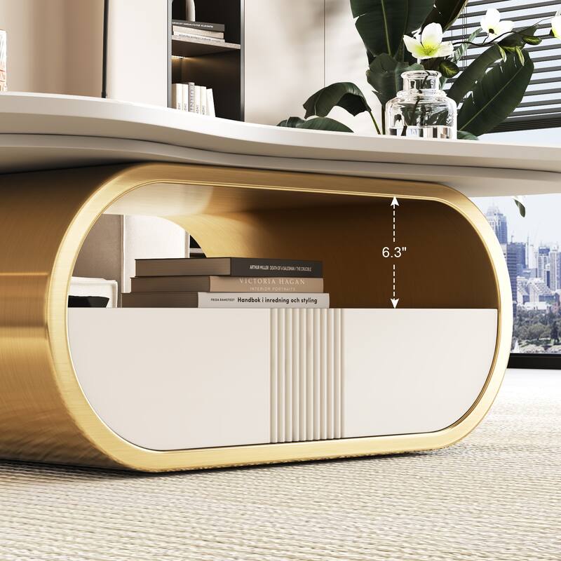 Butterfly Coffee Table With Sintered Stone Top-Oval Center Table With Storage Shelf & Drawer,Stainless Steel Base & Mdf Cabinet