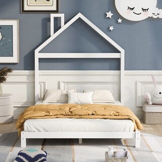 Full Size Low Platform Bed with House-shaped Headboard and Chimney, Open Frame Bed, Wooden Slat Bed