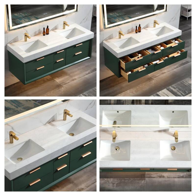36/48/60 Modern LED Floating Bathroom Vanity with Single/Double Sink & Soft-Close Drawers & Waterproof, Green