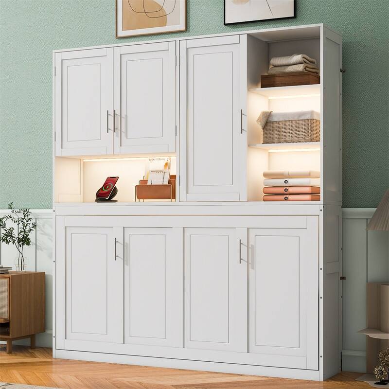 Twin Size Murphy Bed Wall Bed with Top Cabinet and LED Light, Space Saving Foldable Murphy Cabinet Bed w/ Storage Shelves & USB