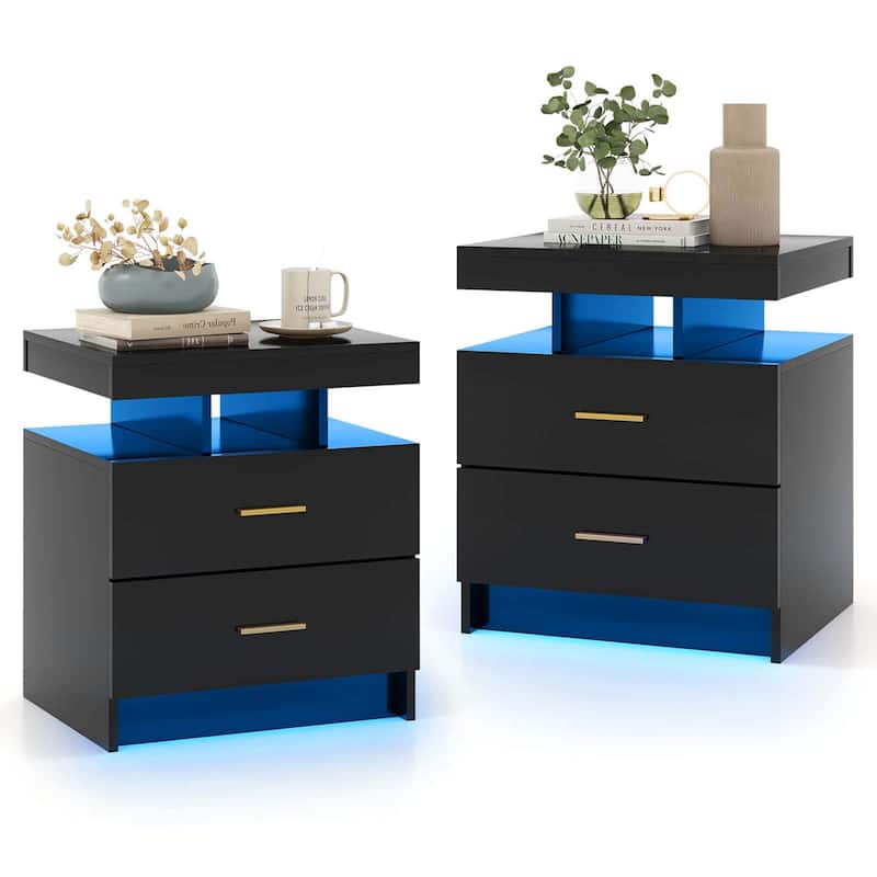 1/2PCS LED Nightstand w/ 2 Drawers Adjustable Light Remote Control